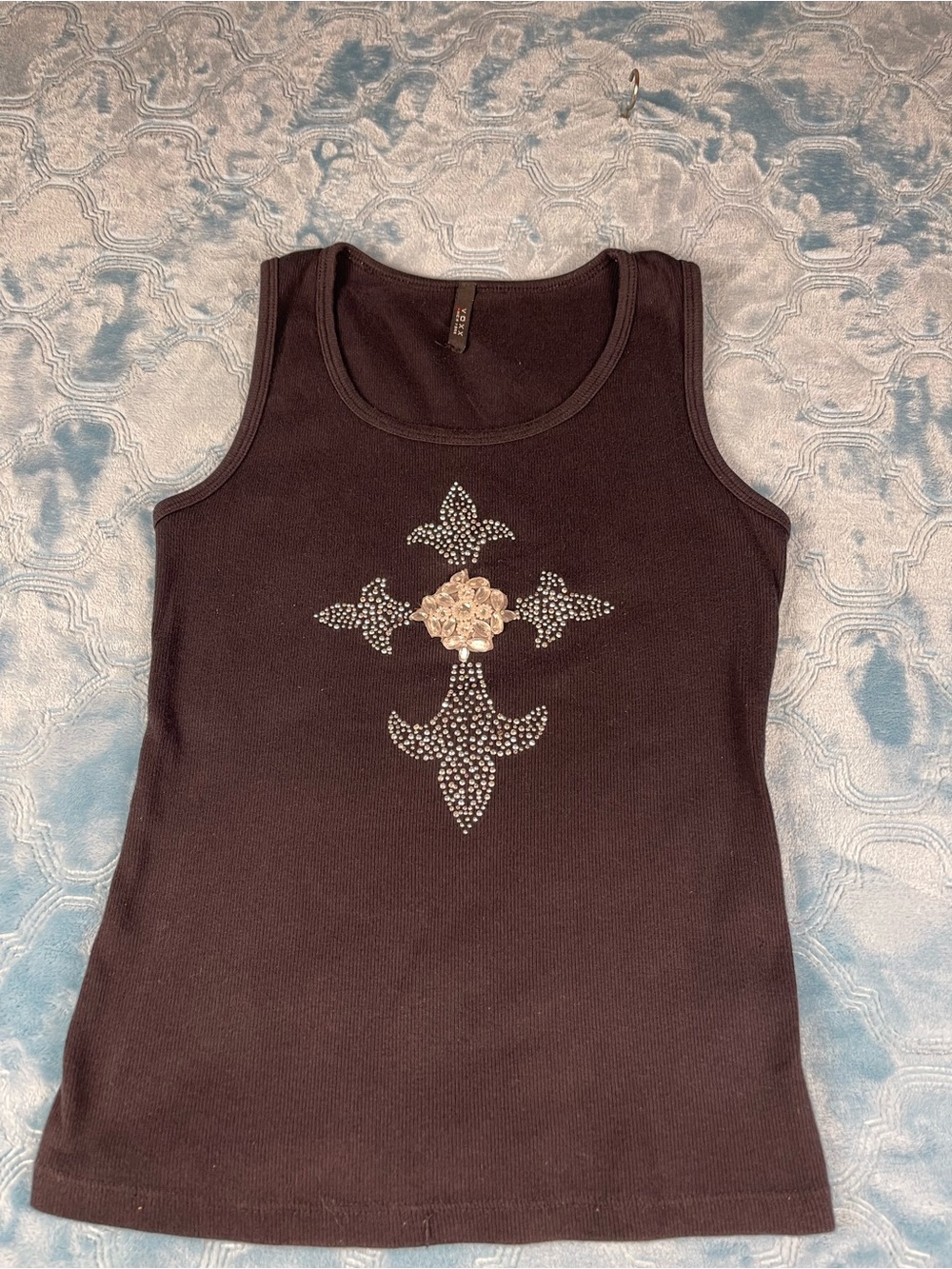 Black Rhinestone Cross Tank Top with Floral Accent - Women